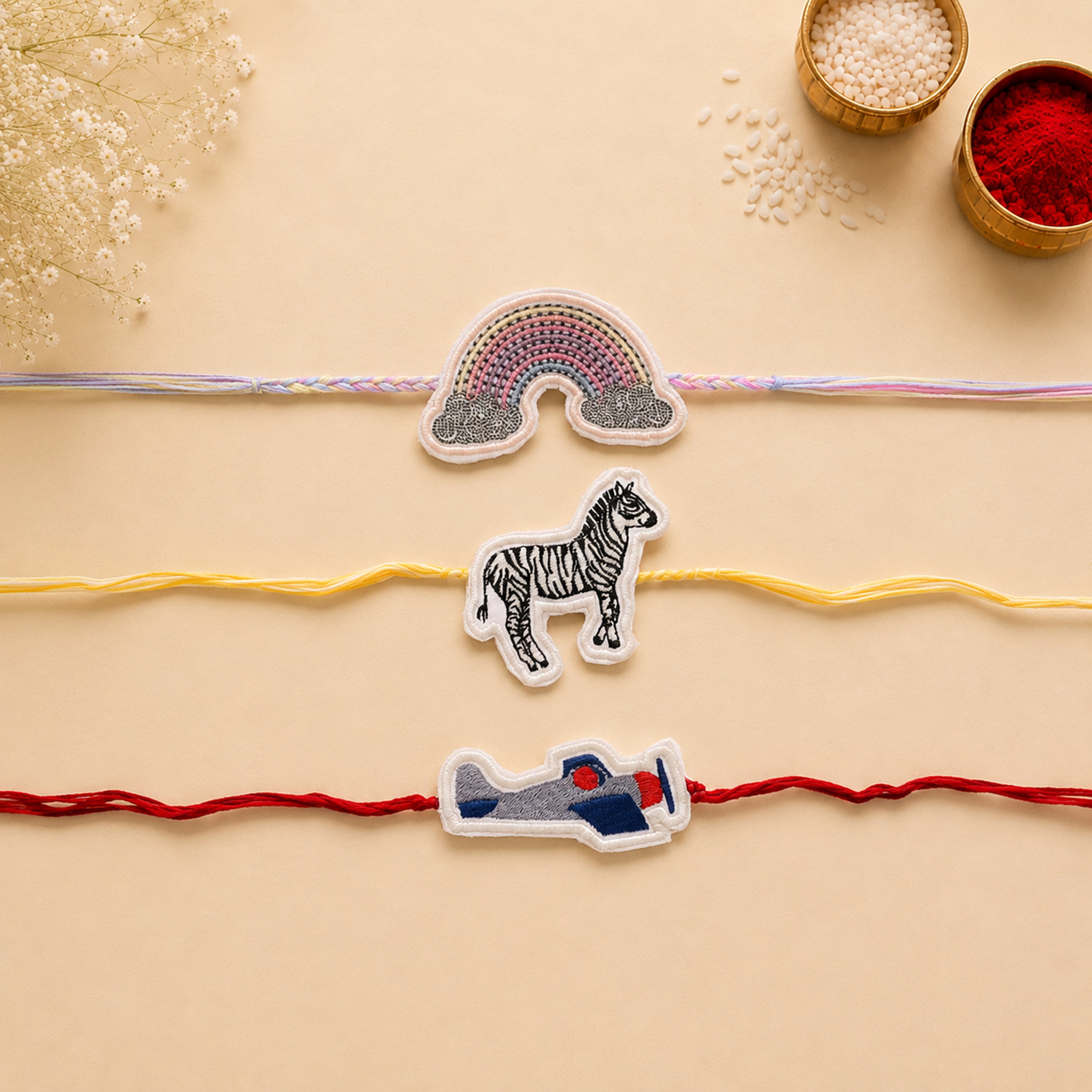 Rainbow, Zebra & Airplane Theme Rakhi Combo (Set of 3)