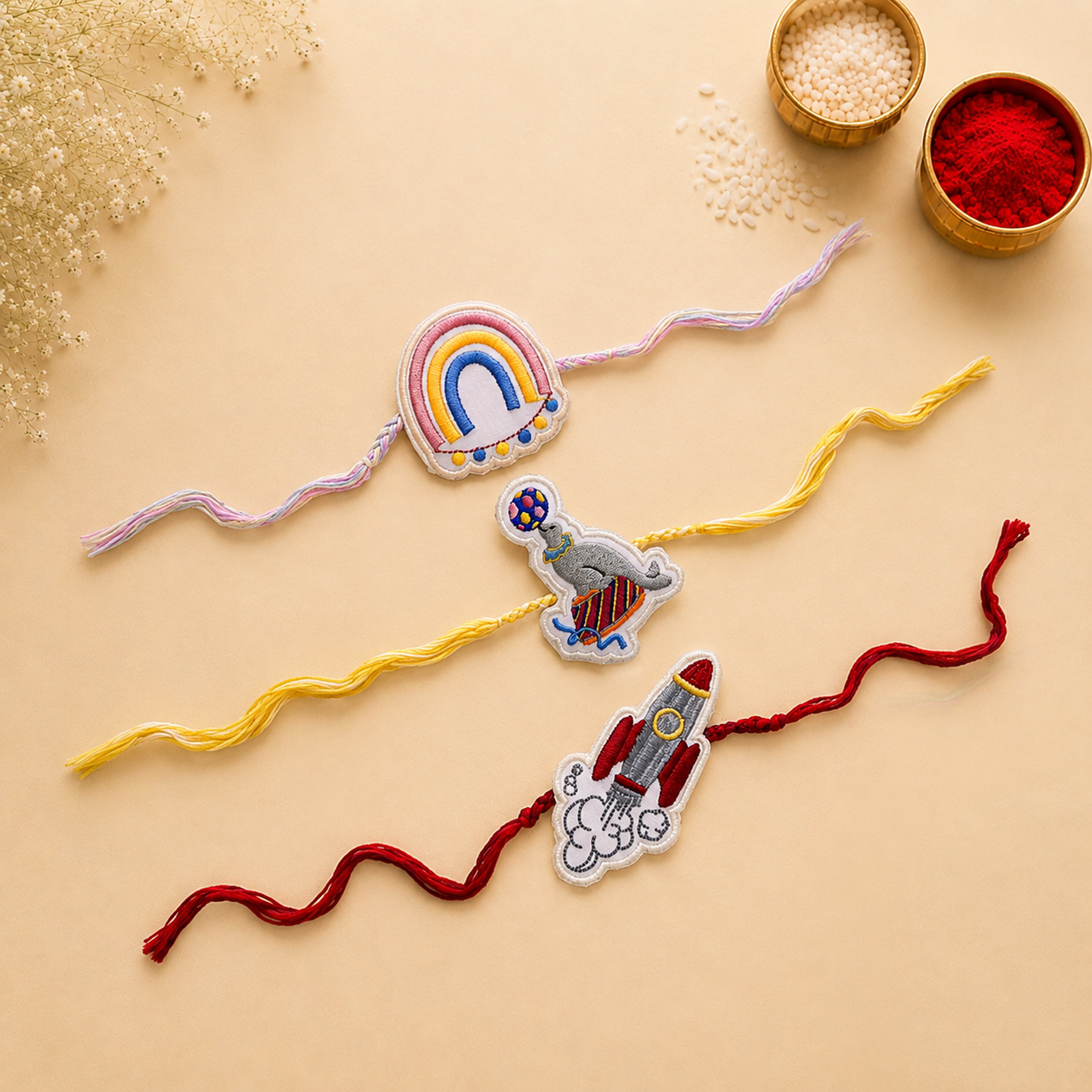 Rainbow, Circus Seal & Rocket Theme Rakhi Combo (Set of 3)
